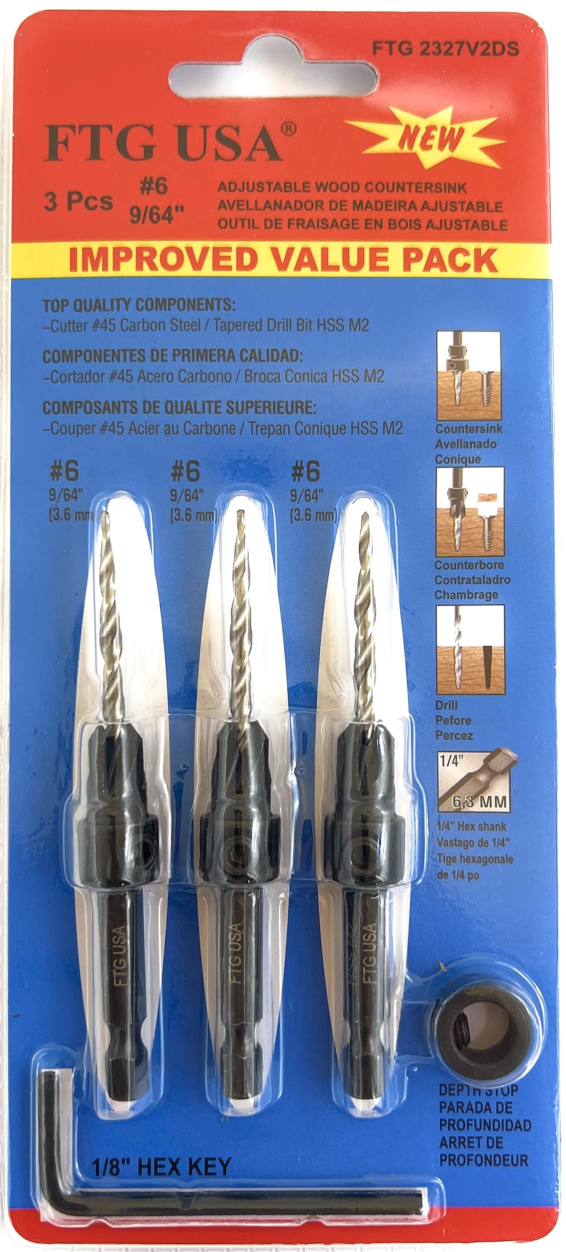 FTG USA 3 Pc #6 (9/64") Countersink Drill Bit Set with Tapered Drill Bits