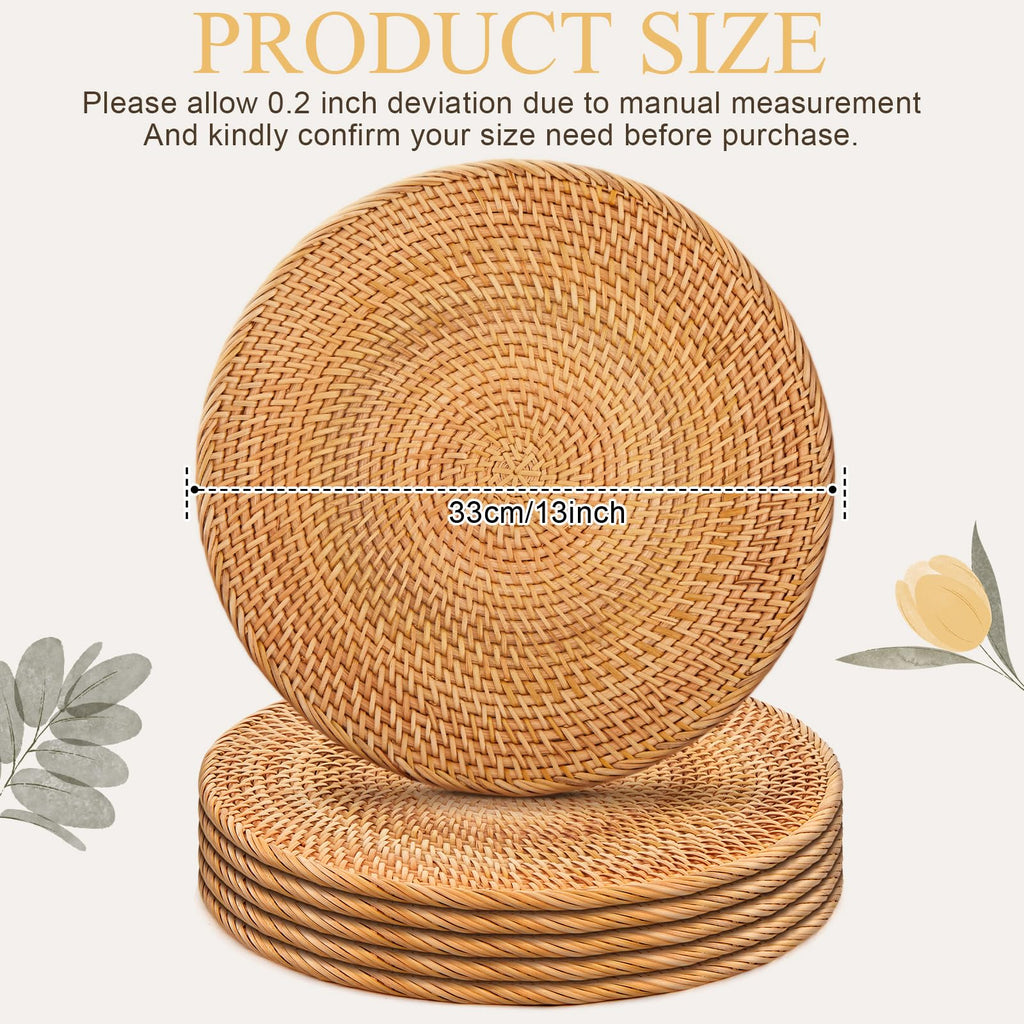 6 Pack Round Rattan Placemats, 13 Inch Rattan Chargers for Table