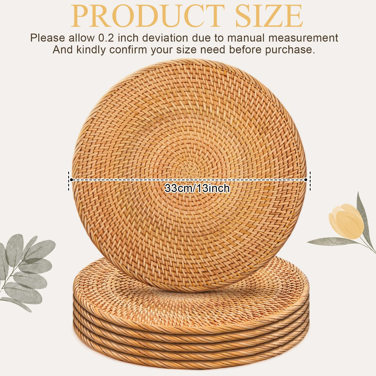 6 Pack Round Rattan Placemats, 13 Inch Rattan Chargers for Table