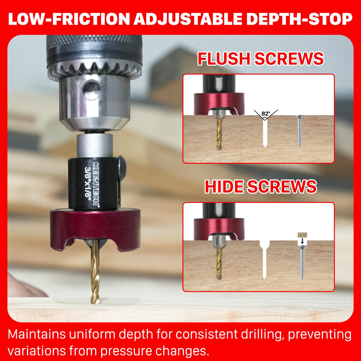 KEENTECH 3/8" x 3/32" Carbide Tipped Countersink Drill Bit with Depth Stop
