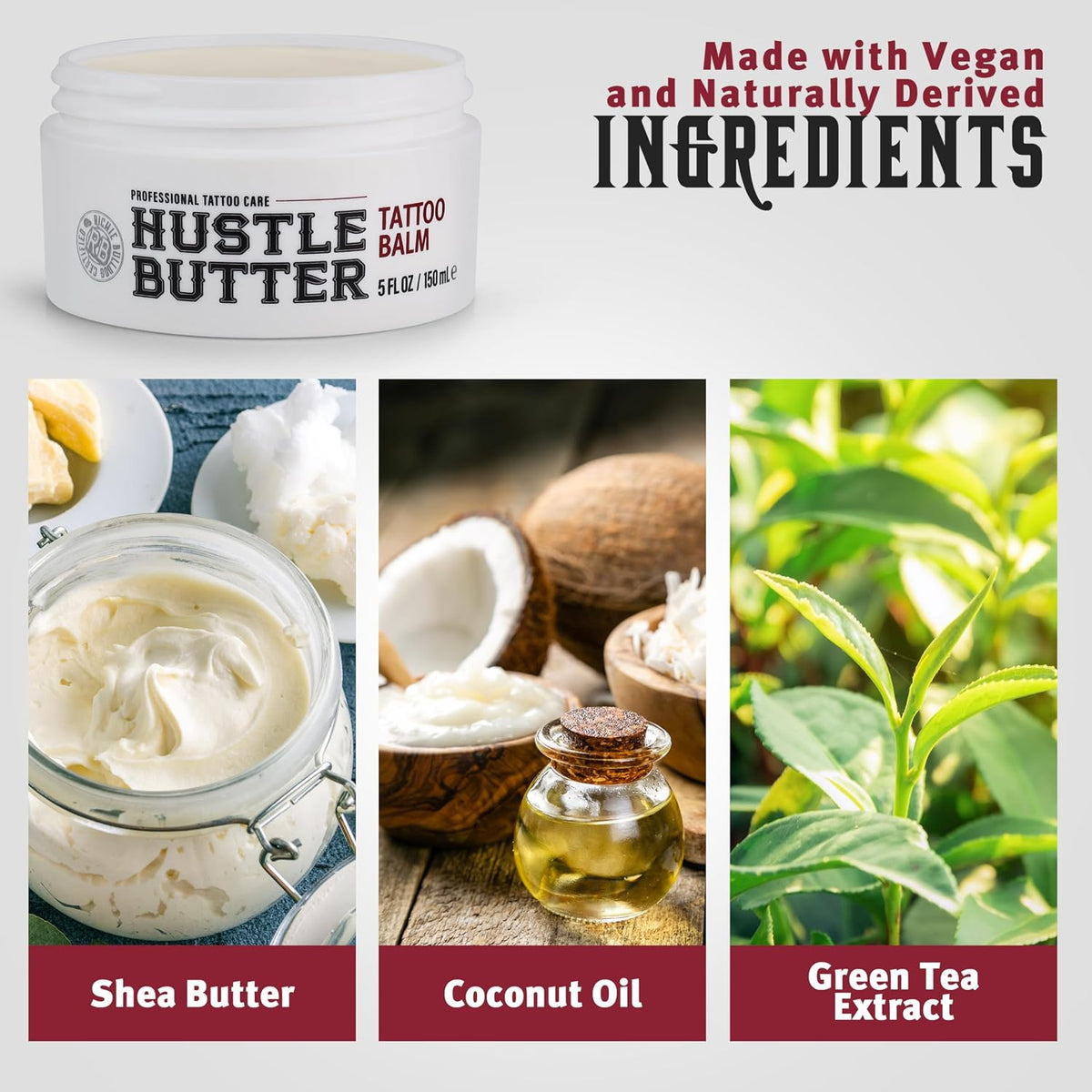 Hustle Butter Tattoo Aftercare 5oz Tattoo Balm, Heals + Protects New Tattoos and Rejuvenates Older Tattoos - 100%