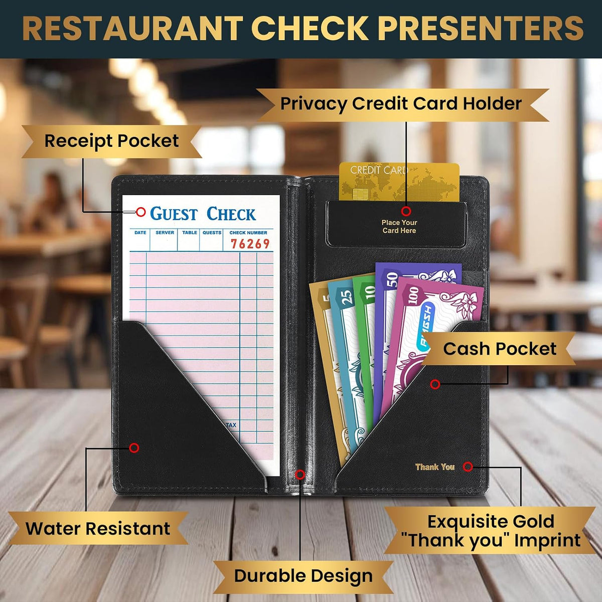 Leather Restaurant Check Presenters, (Black, 5 Pack)