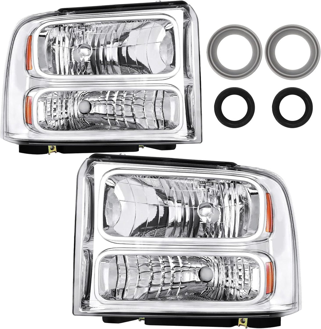 Headlight Assembly Compatible with 2005-2007 2005 2006 2007 05 06 07 Ford F250 F350 F450 F550 Super Duty/2005 Ford Excursion (Chrome Housing Amber Reflector)