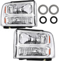 Headlight Assembly Compatible with 2005-2007 2005 2006 2007 05 06 07 Ford F250 F350 F450 F550 Super Duty/2005 Ford Excursion (Chrome Housing Amber Reflector)