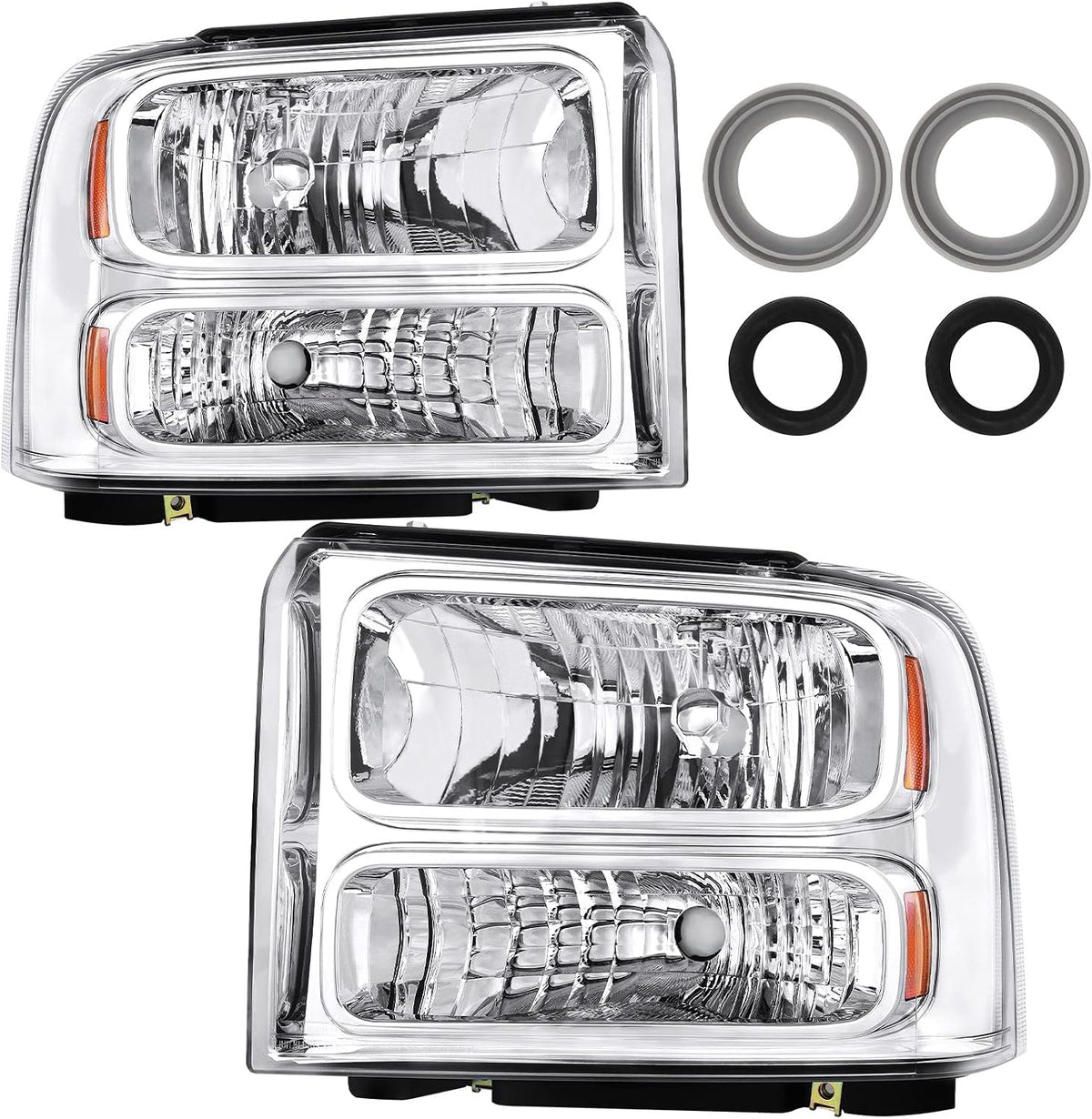 Headlight Assembly Compatible with 2005-2007 2005 2006 2007 05 06 07 Ford F250 F350 F450 F550 Super Duty/2005 Ford Excursion (Chrome Housing Amber Reflector)