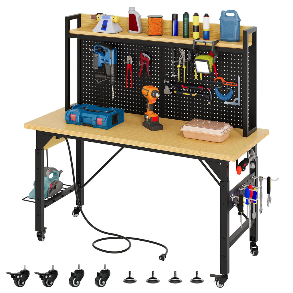 48in Adjustable Workbench with Pegboard & Wheels & Outlets