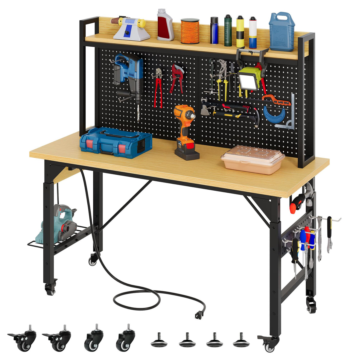 48in Adjustable Workbench with Pegboard & Wheels & Outlets