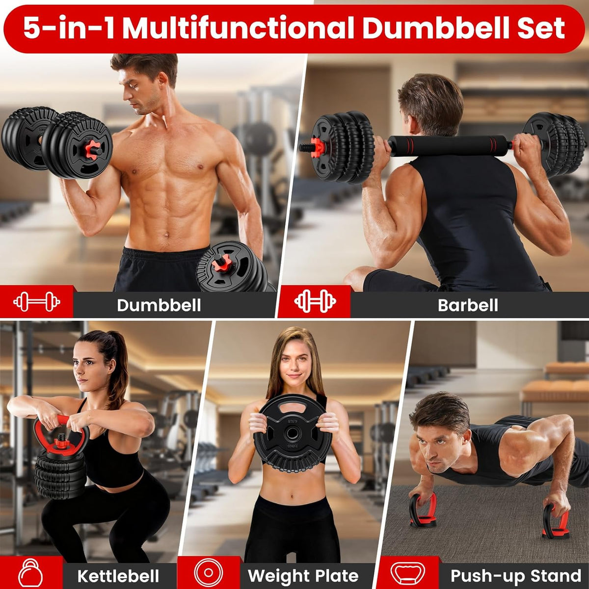 Adjustable Dumbbell Set, 22/33/45/70/90lbs Free Weight Set with Connector, 5-in-1 Dumbbell Set for Barbells
