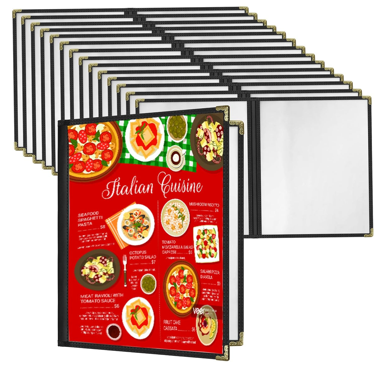 Restaurant Menu Covers Set 15 - Transparent Menu Covers 8.5" x 11" 2-Page Menu Holders with Metal Corners and Black
