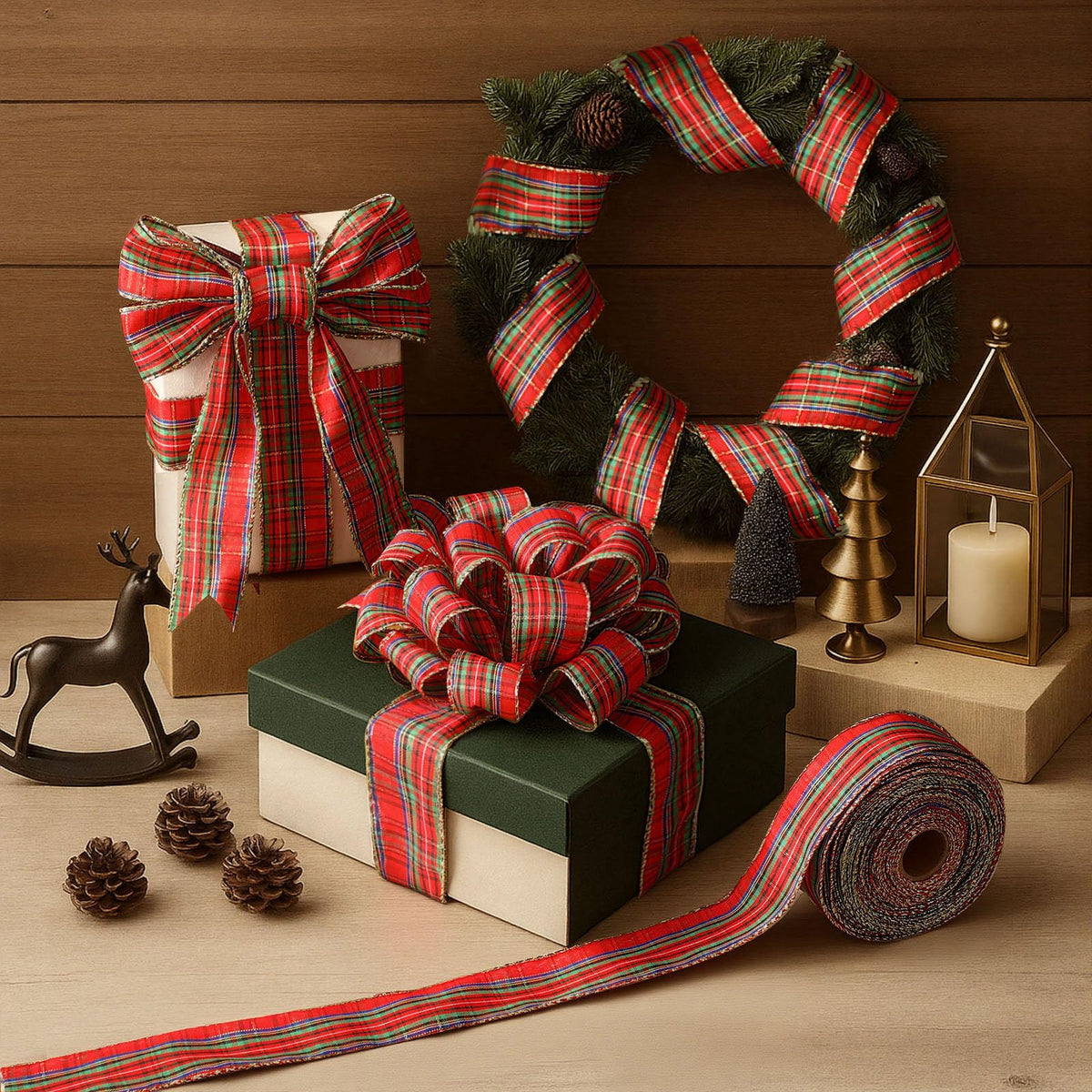 Christmas Wired Ribbon 1.5 Inch 30 Yard Tartan Plaid Ribbons
