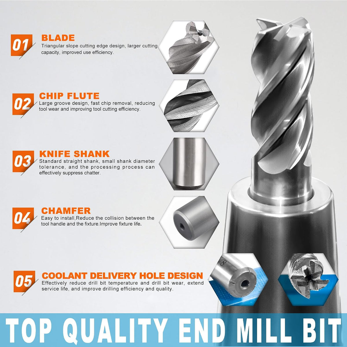 8Pcs 4-Flute Straight End Mill Set,1/8"-1/2" CNC Milling Cutter Drill Bits