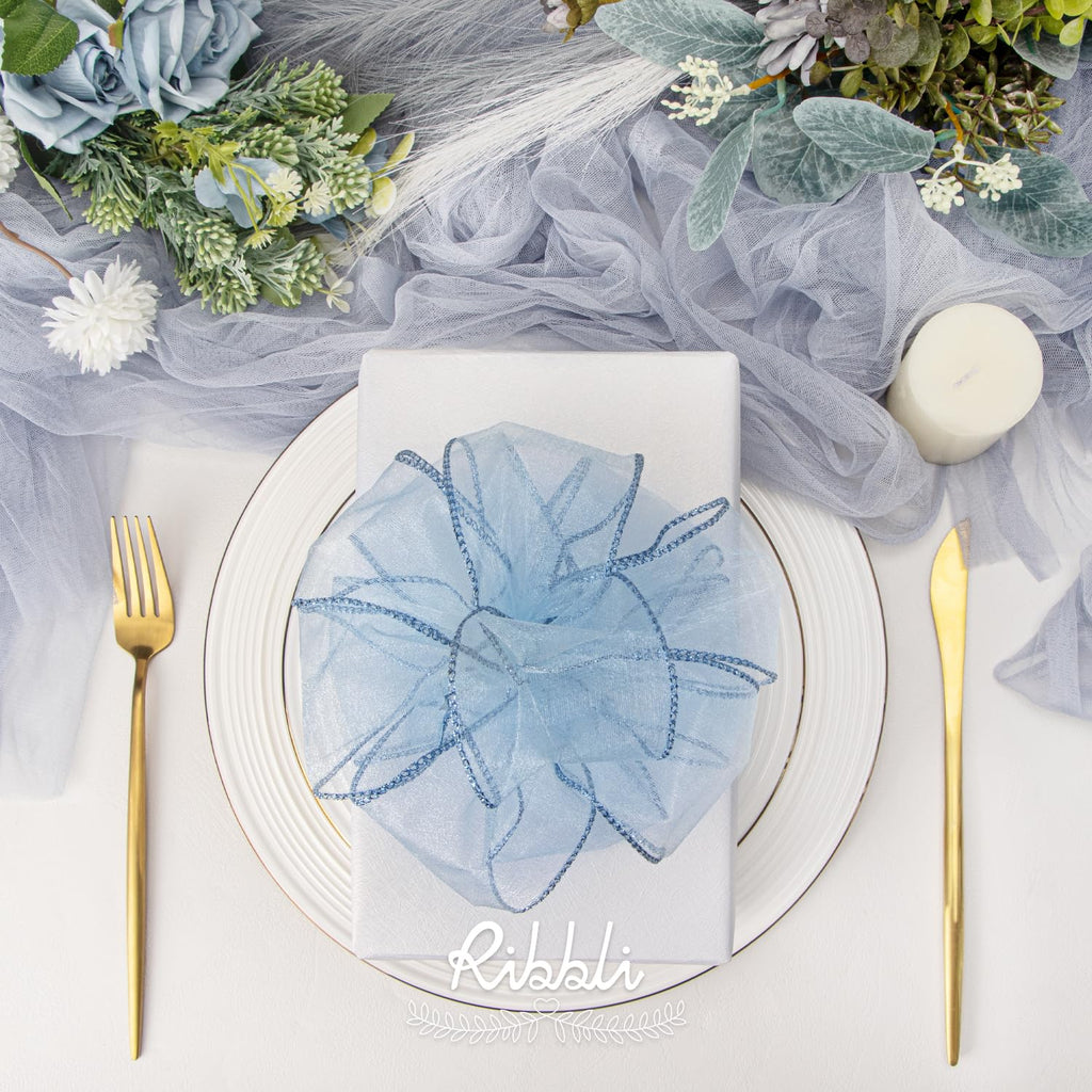 Blue Organza Wired Ribbon, Baby Blue Sheer with Metallic Edge