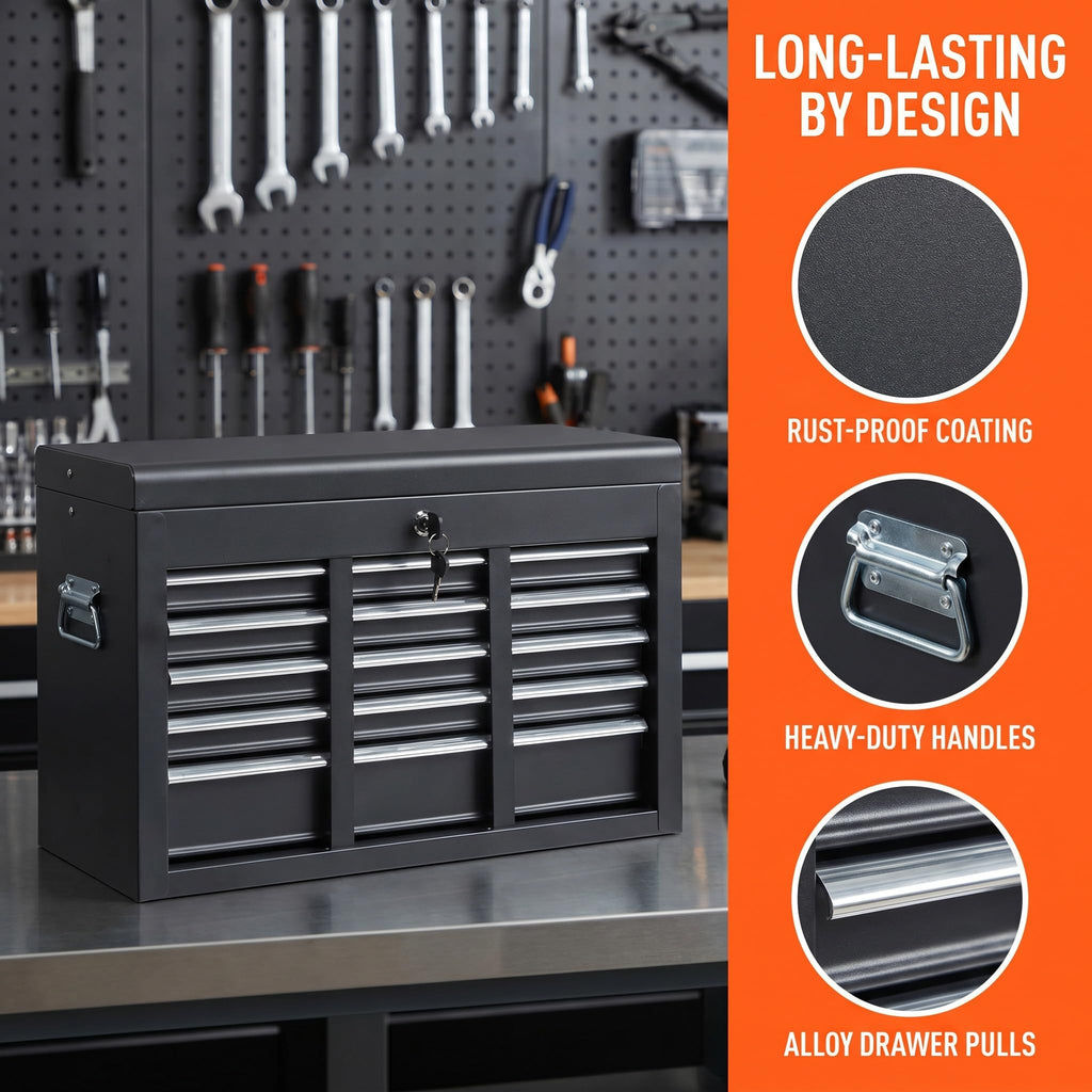 24" Portable Metal Tool Box, 5 Drawers Lockable Toolbox, Black