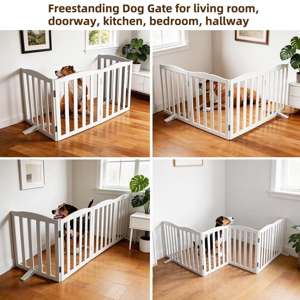 Freestanding Solid Wood Folding Pet & Dog Barrier Gate with Support Feet for Wide Indoor Openings, Hallways & Stairs — White