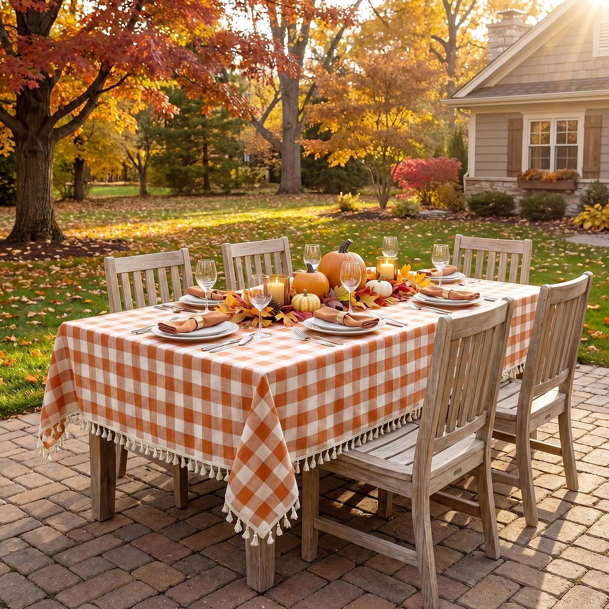 Fall Gingham Rectangle Tablecloth with Tassel, Orange, 55" x 84"