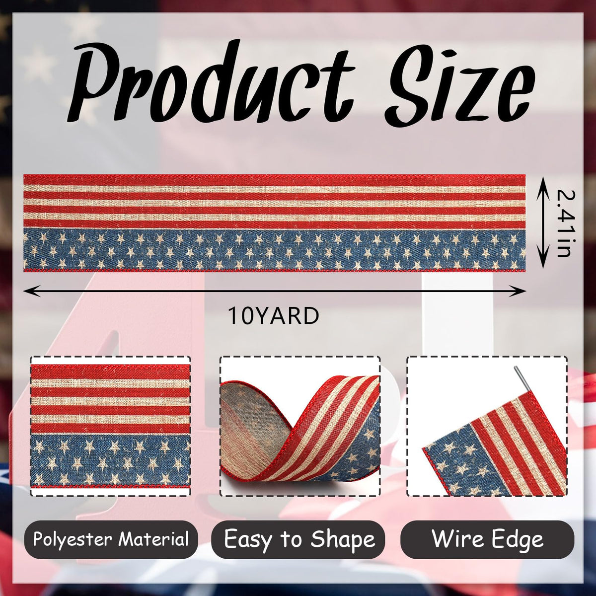 4th of July Ribbon Patriotic Wired Ribbons for Crafts Wrapping Wreath Bows Red White Blue Ribbon Vintage American
