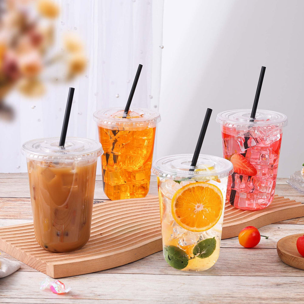 150 Set 16oz Clear Plastic Iced Coffee Cups with Lids and Straws