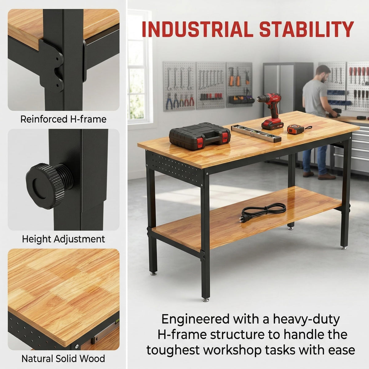Double Layer 60 Inch Adjustable Workbench for Garage with Storage