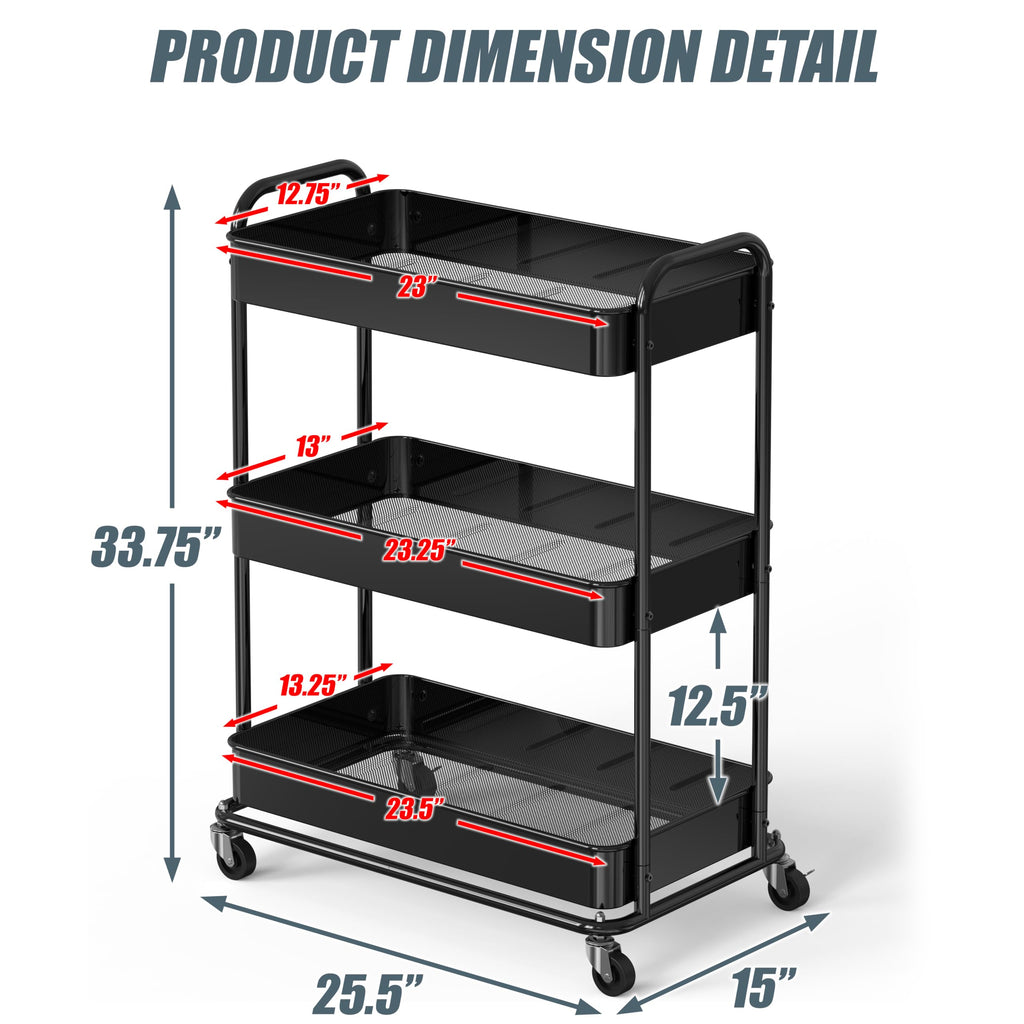 26" Extra-Wide 3-Tier Heavy Duty Metal Utility Cart, Black