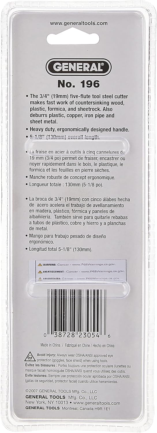 General Tools 196 Short Length Hand Reamer & Countersink, 3/4"