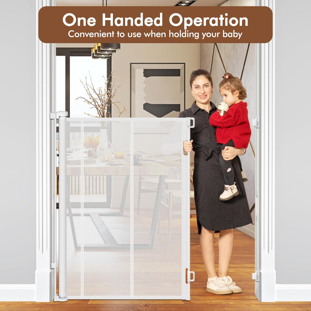 48" x 100" Extra-Wide Retractable Indoor Mesh Pet & Child Safety Gate with One-Hand Safety Lock for Wide Openings, Patios & Stairways