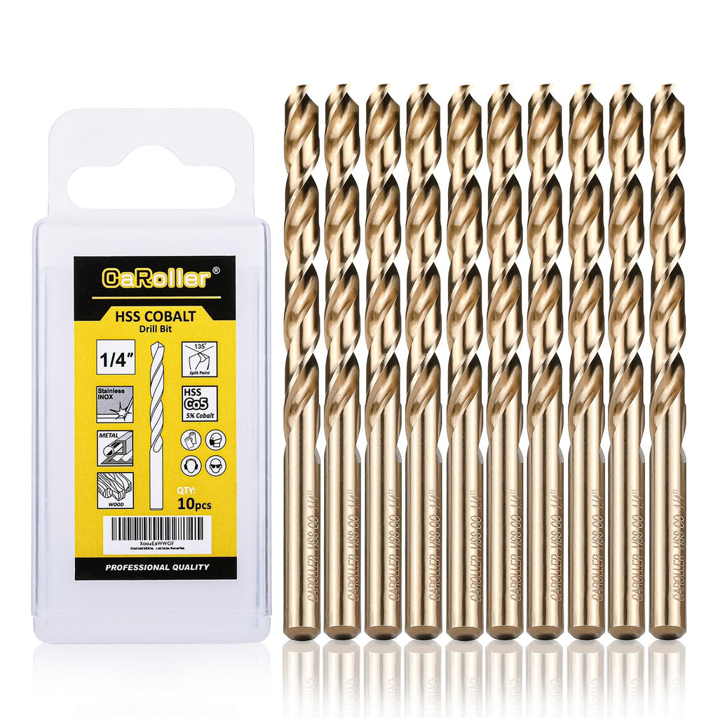 CaRoller 1/4 Inch Cobalt Drill Bit Sets,10 Pack 135 Degree Tip of M35 Length Twist Drill Bits with Storage Case for Hard Metal, Stainless Steel, Cast Iron, Wood and Plastic (1/4"-10pcs-M35)