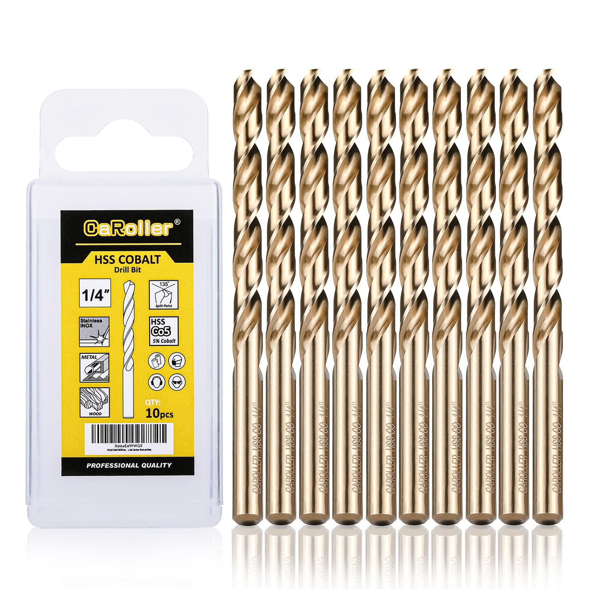 CaRoller 1/4 Inch Cobalt Drill Bit Sets,10 Pack 135 Degree Tip of M35 Length Twist Drill Bits with Storage Case for Hard Metal, Stainless Steel, Cast Iron, Wood and Plastic (1/4"-10pcs-M35)