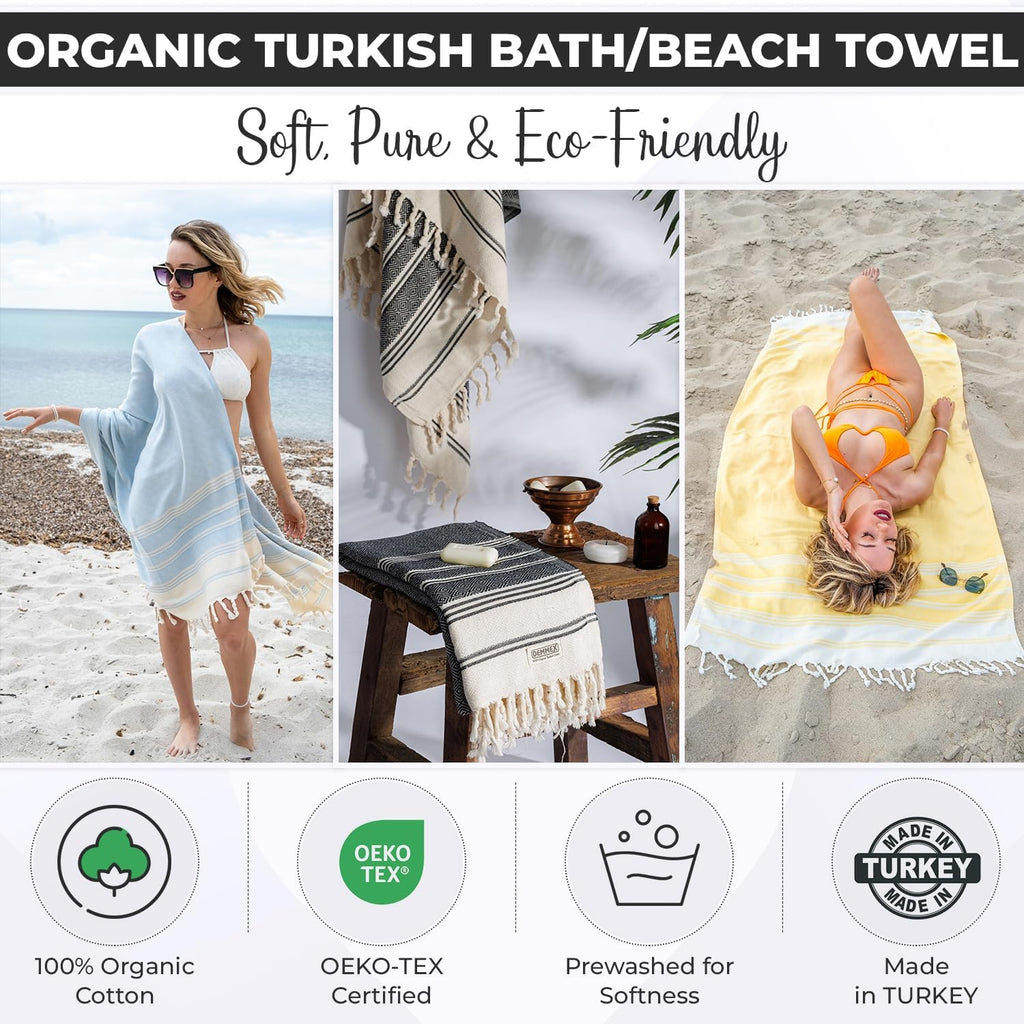 Oeko-TEX Certified Ultra Soft Turkish Cotton Beach Towel - Extra Large, Thin, Lightweight, Sand-Free, Quick-Dry