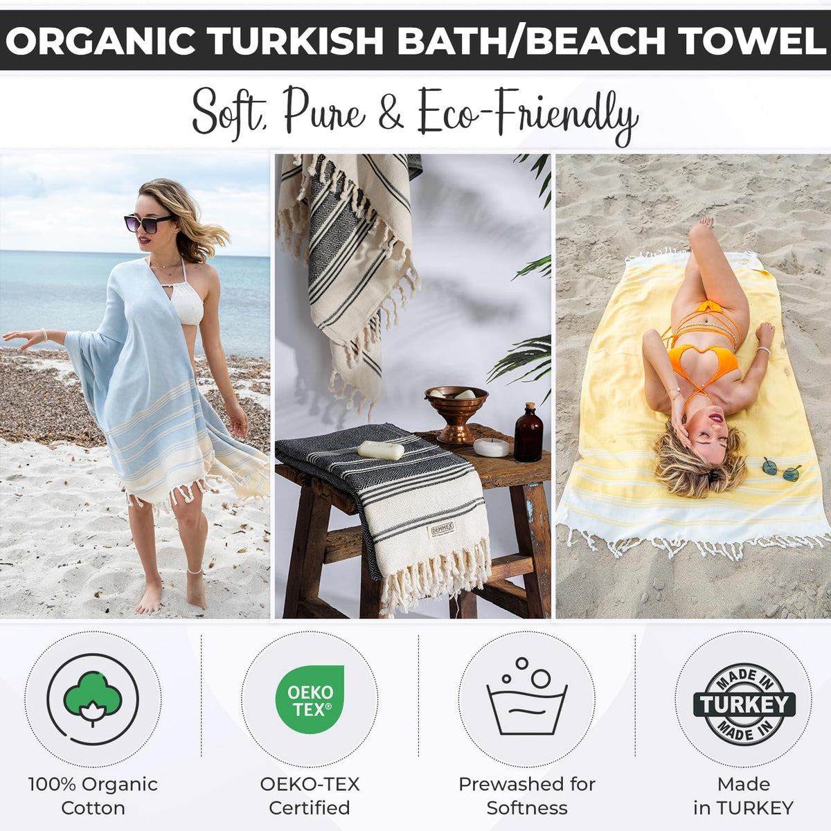 Oeko-TEX Certified Ultra Soft Turkish Cotton Beach Towel - Extra Large, Thin, Lightweight, Sand-Free, Quick-Dry