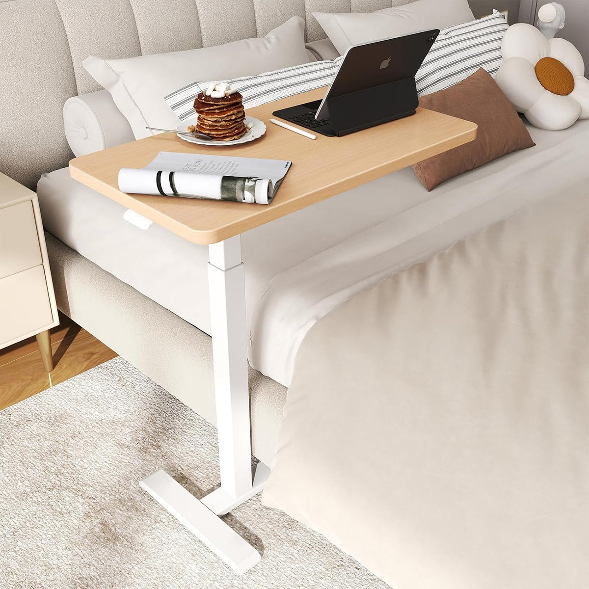 Overbed Table with Wheels, Height Adjustable Hospital Bedside Table
