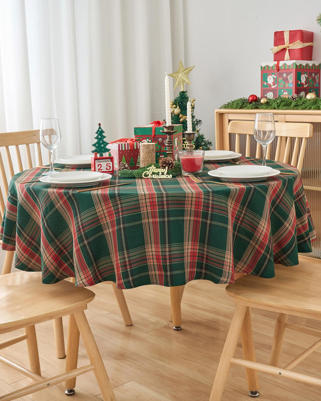 Round Christmas Tablecloth 60 Inch, Green and Red Buffalo Plaid