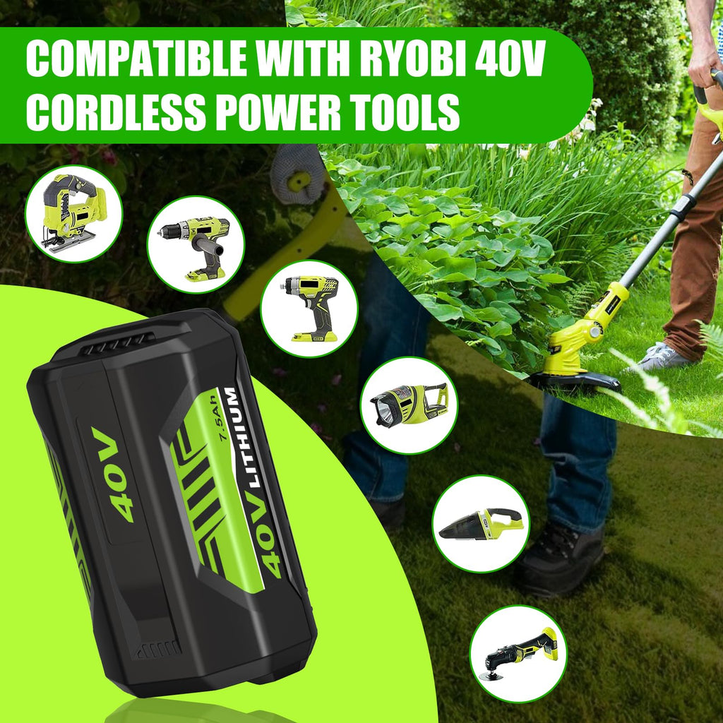 7500mAh 2 Pack Replacement for Ryobi 40V Battery OP4075A and Charger(Green)