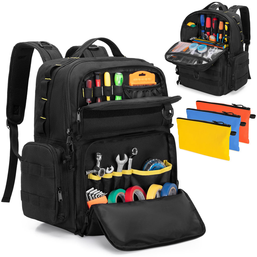 Heavy-Duty Tool Bag Backpack for Men with 3 Tool Pouches, Black