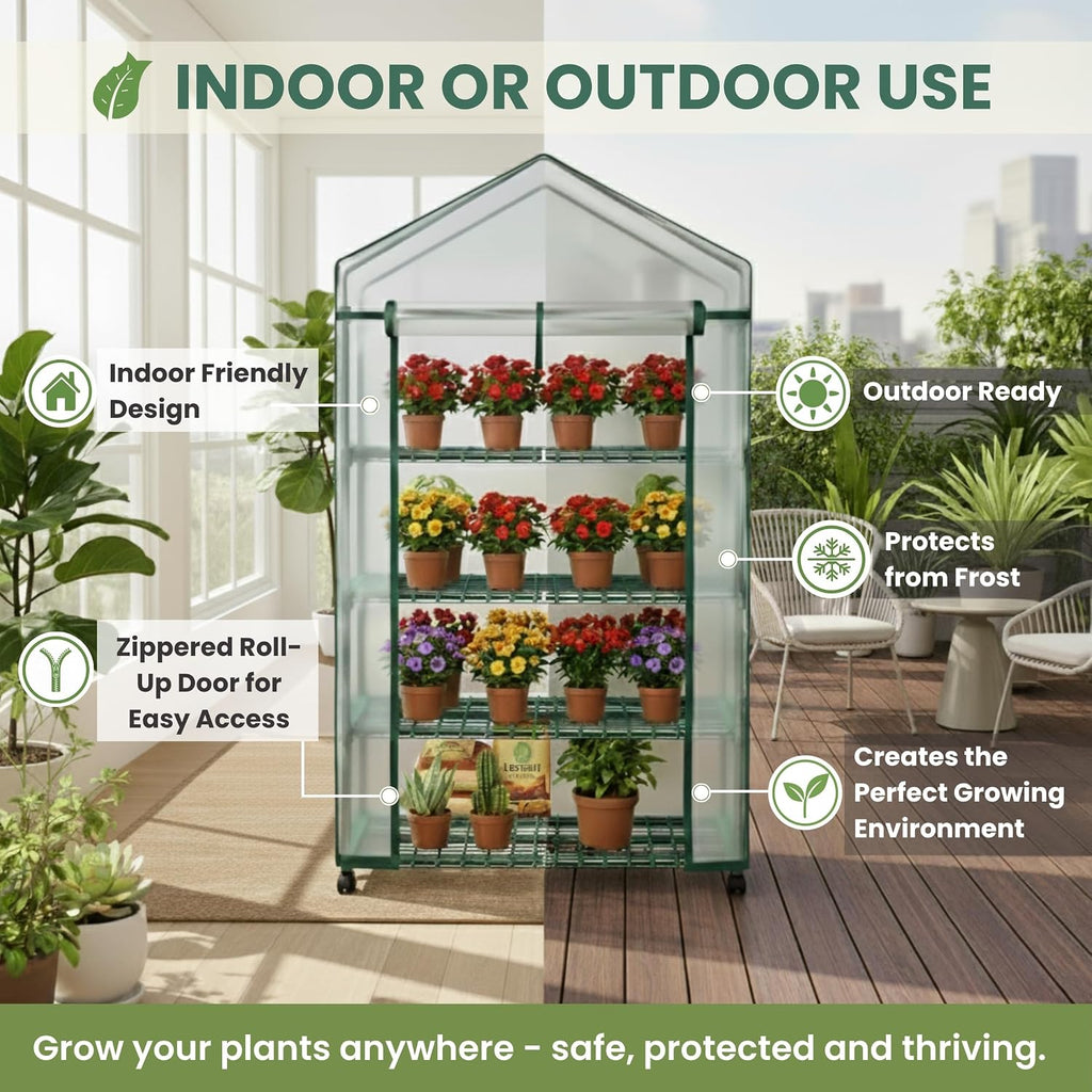 4 Tier Mini Greenhouse - Portable Greenhouse with Locking Wheels and PVC Cover for Indoor or Outdoor Green House by