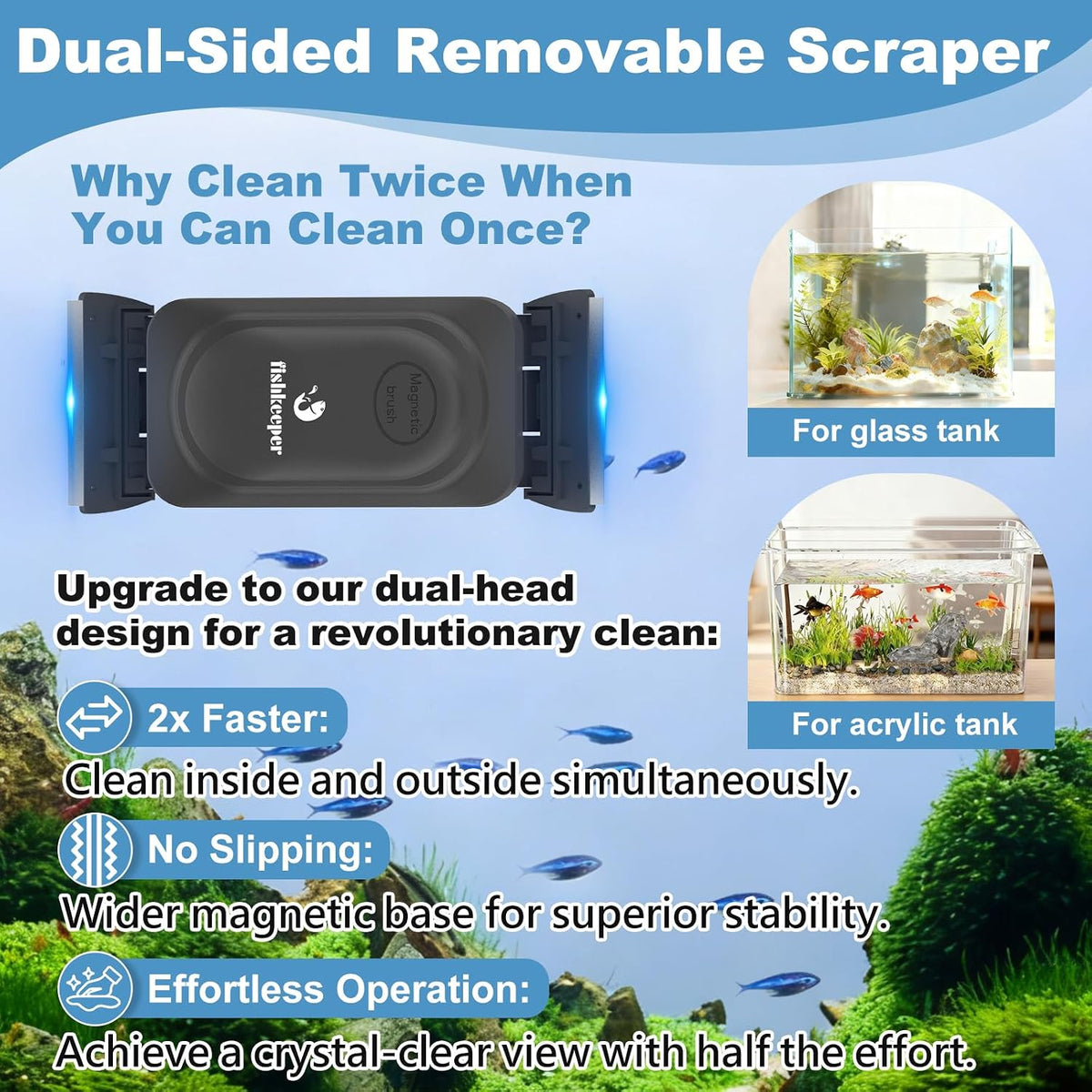 Dual-Blades Magnetic Aquarium Glass Cleaner with 4 Algae Scraper