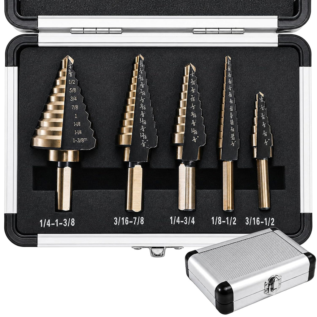 Yesland 5pcs Hss Cobalt, Multiple Hole 50 Sizes High Speed Metal Step Drill Bit Set with Aluminum Case