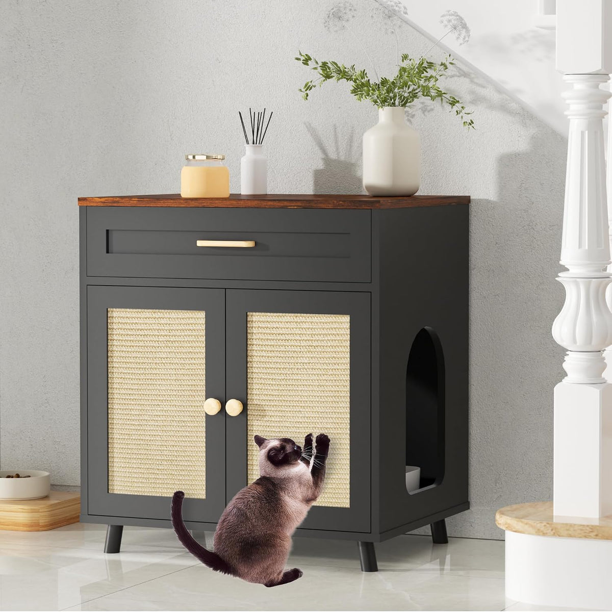 Cat Litter Box Enclosure Hidden Cat House with Scratching Board Doors