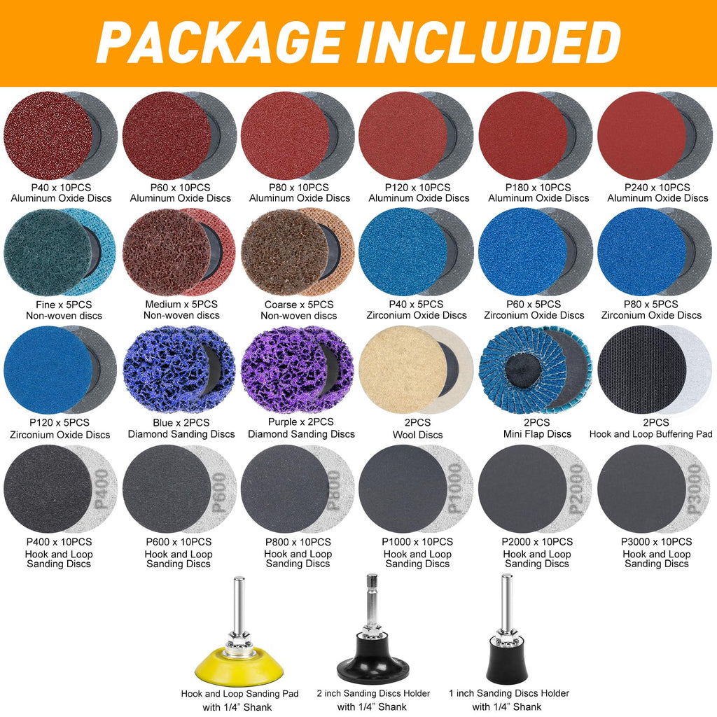 172 PCS 2" Quick Change Sanding Discs Kit with 1/4" Round & Hex Shank