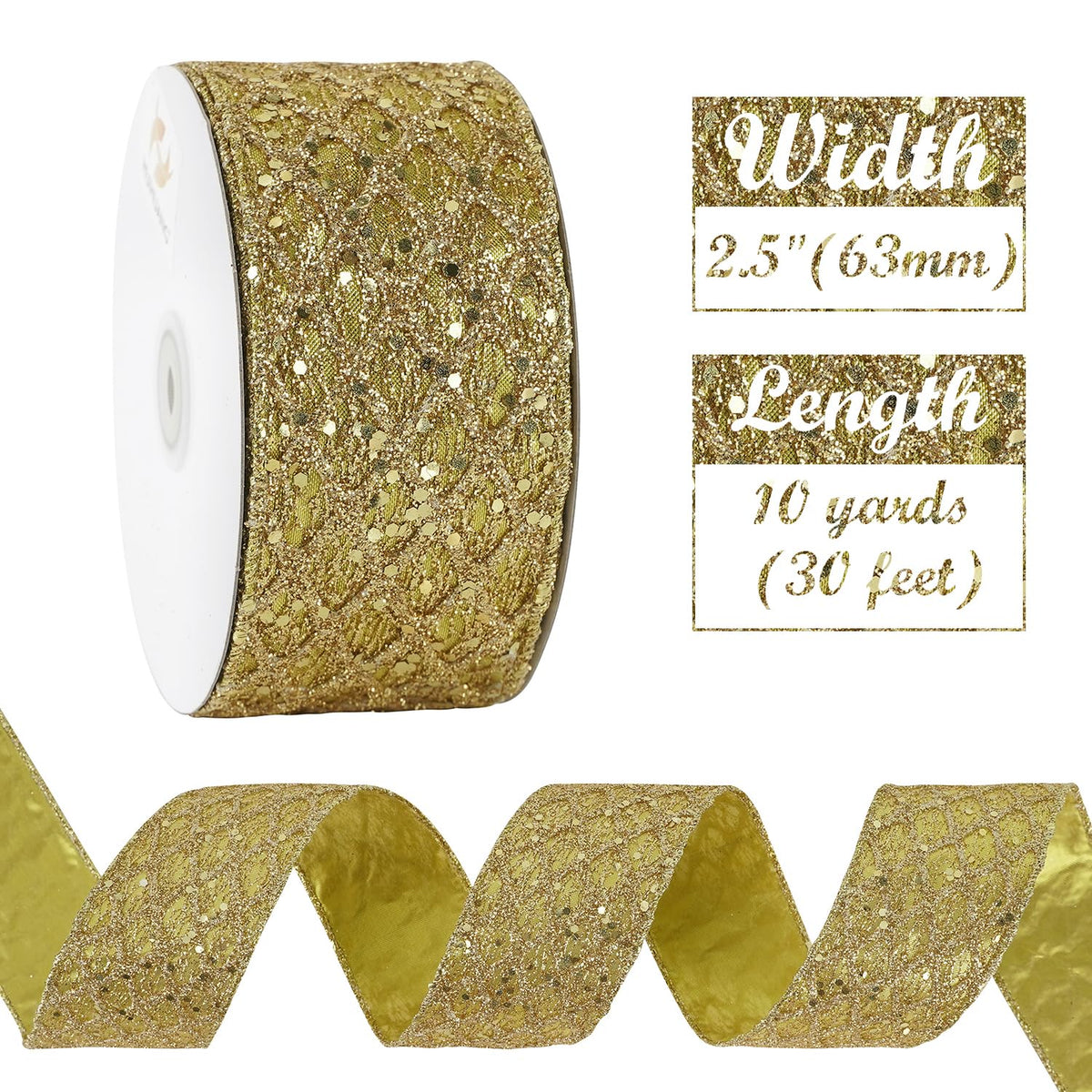 Glitter Gold Diamond Christmas Wired Ribbon 2.5 inch x 10 Yards