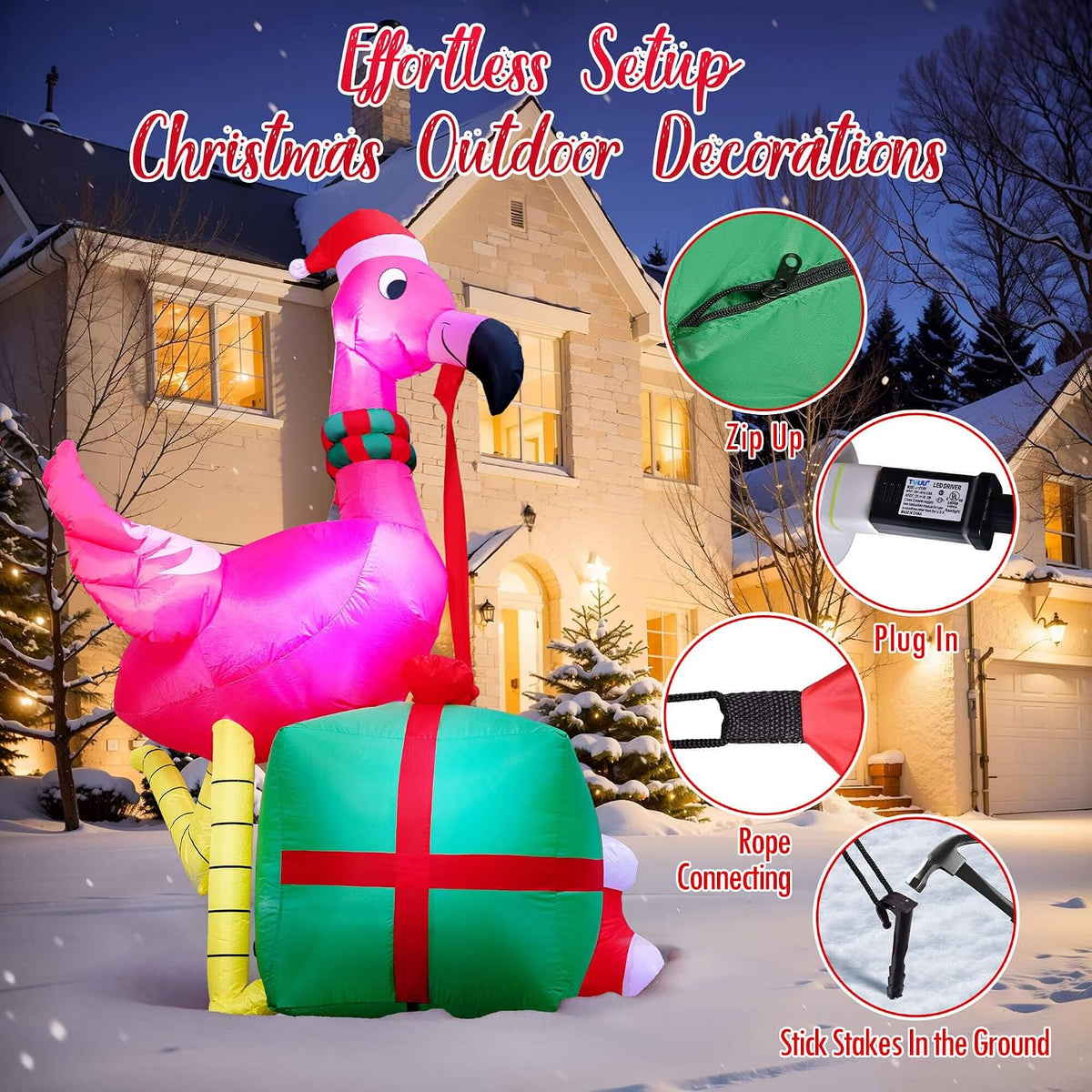 Christmas Inflatables Outdoor Decorations - 6FT Christmas Blow Up Flamingo LED Lights with Gift Box & Christmas
