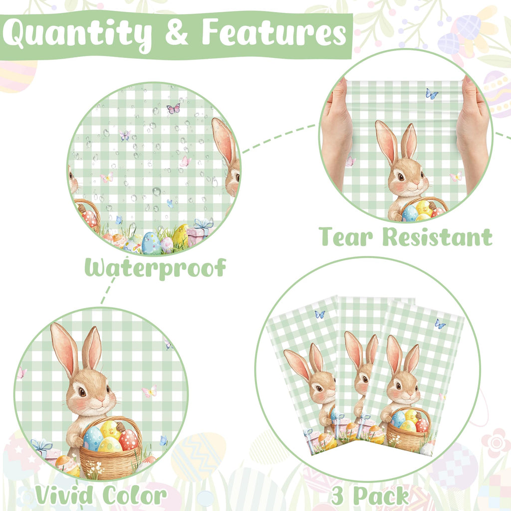 3 Pack Easter Tablecloths, 54" x 108" Disposable Easter Decorations, Sage Green Bunny Plaid Spring Tablecloth