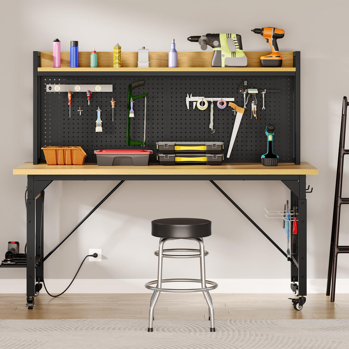 48in Adjustable Workbench with Pegboard & Wheels & Outlets