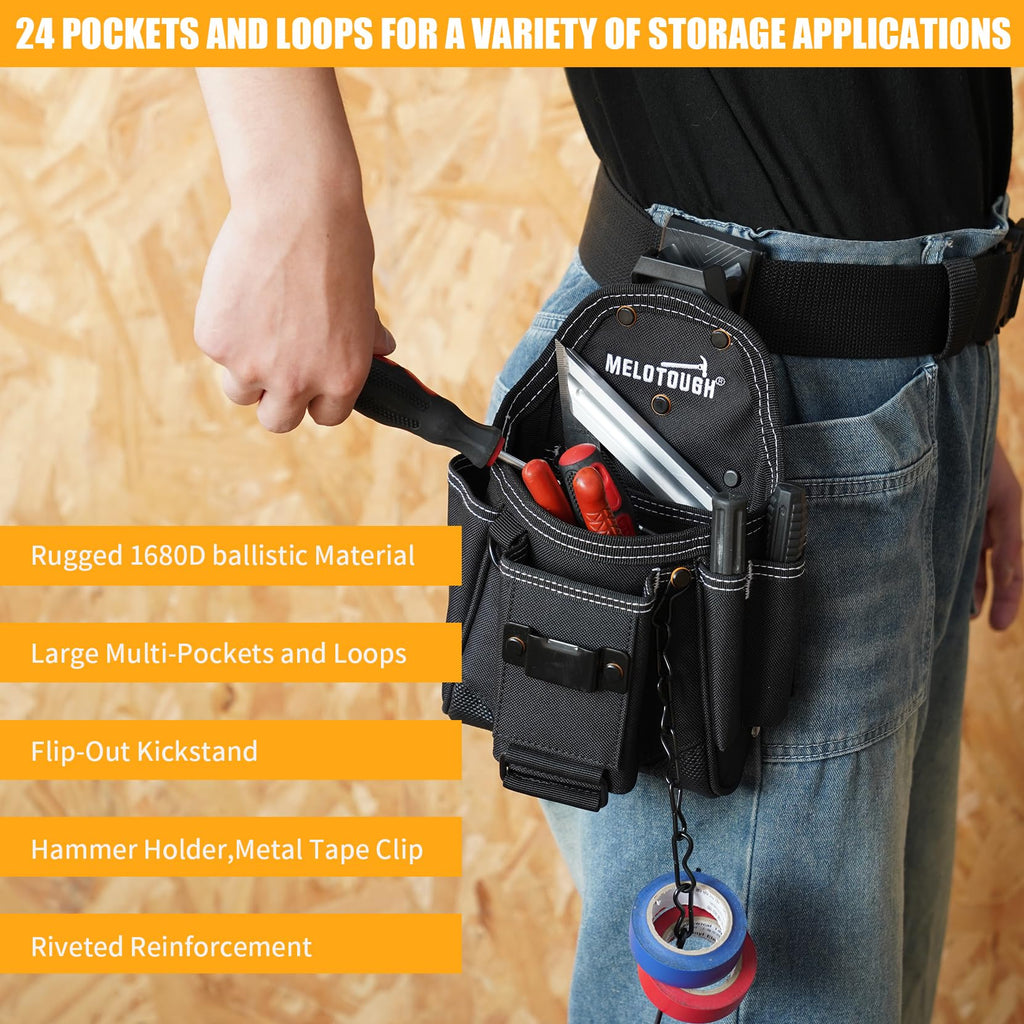 Professional Small Electrician Tool Pouch for Tool Belt Pockets with Belt Clip Attachment 9 Pockets Tradesman Tool