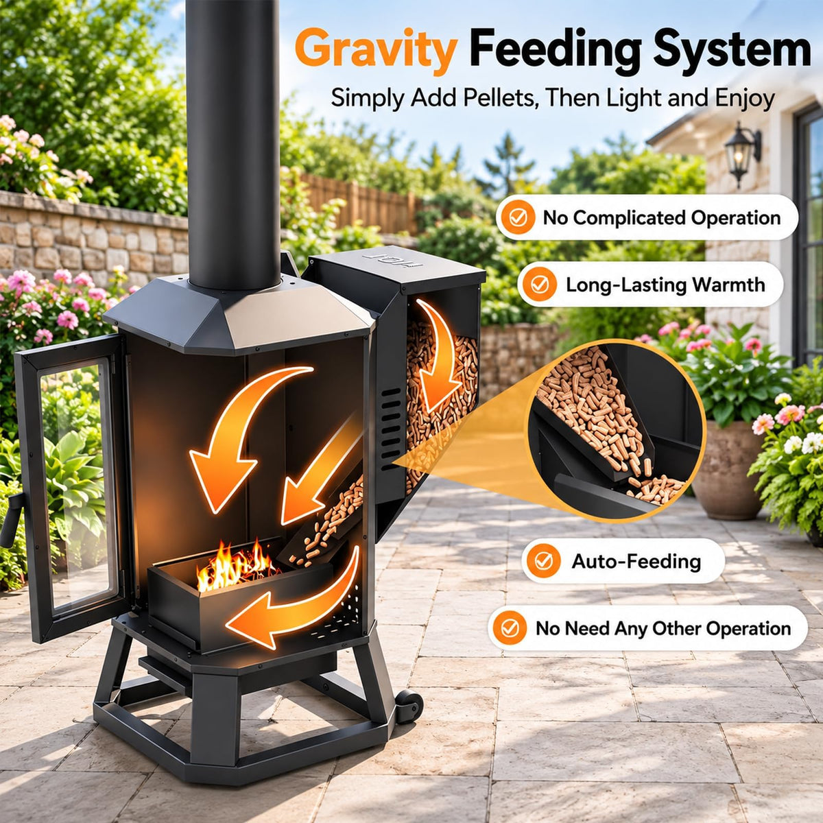 Wood Pellet Outdoor Patio Heater, 70,000 BTU, with Glass Viewing Window