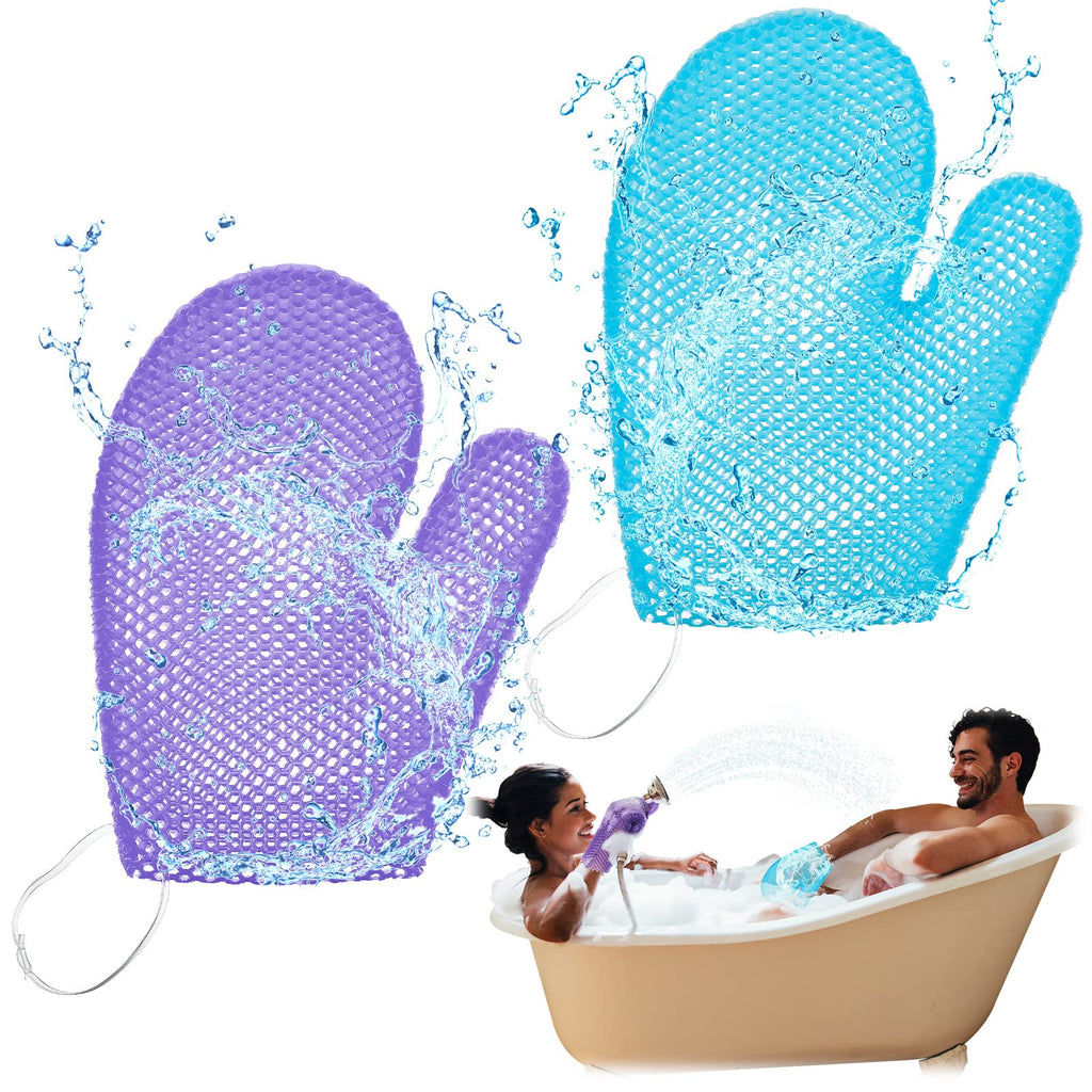 2 Pcs Honeycomb Bath Mitt Exfoliating Glove,Blue,Purple