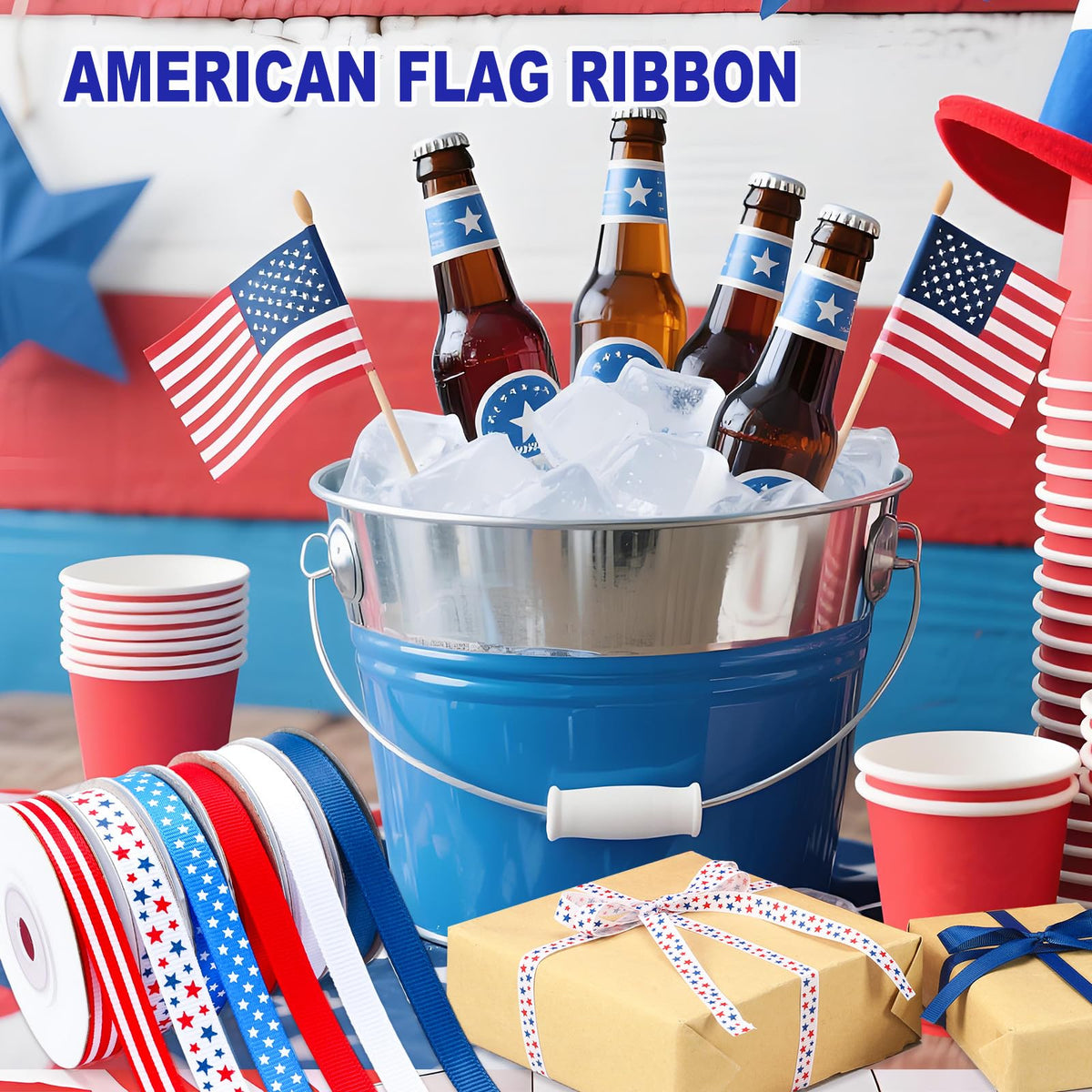 Patriotic Ribbon, 6 Rolls 60 Yards Red White Blue Grosgrain Ribbons