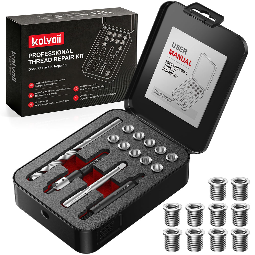 Kolvoii M8x1.0 Thread Repair Kit, 10 Solid 304 Stainless Steel Inserts