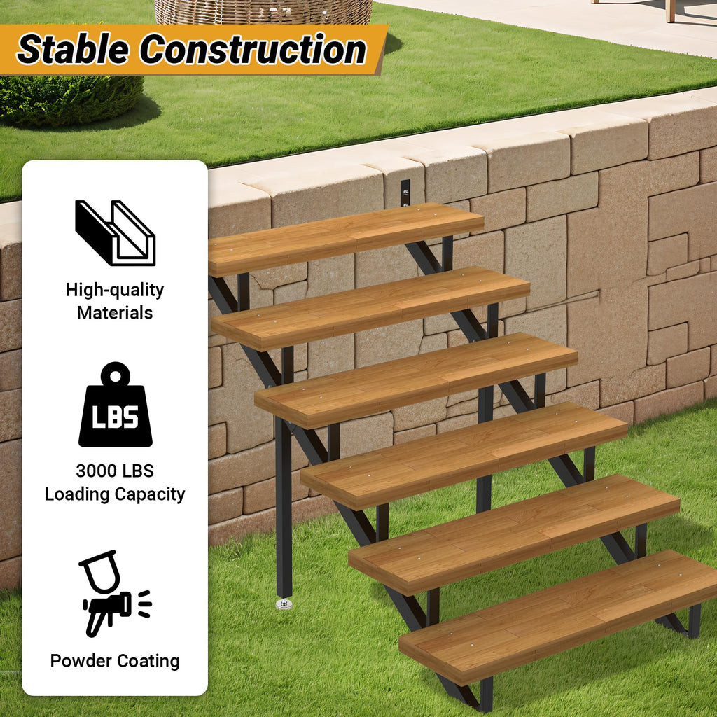 Steel Stair Step Riser 6-Step, Metal Stair Stringer with Reinforcing Support Legs, Heavy Duty Steel Stair Stringer