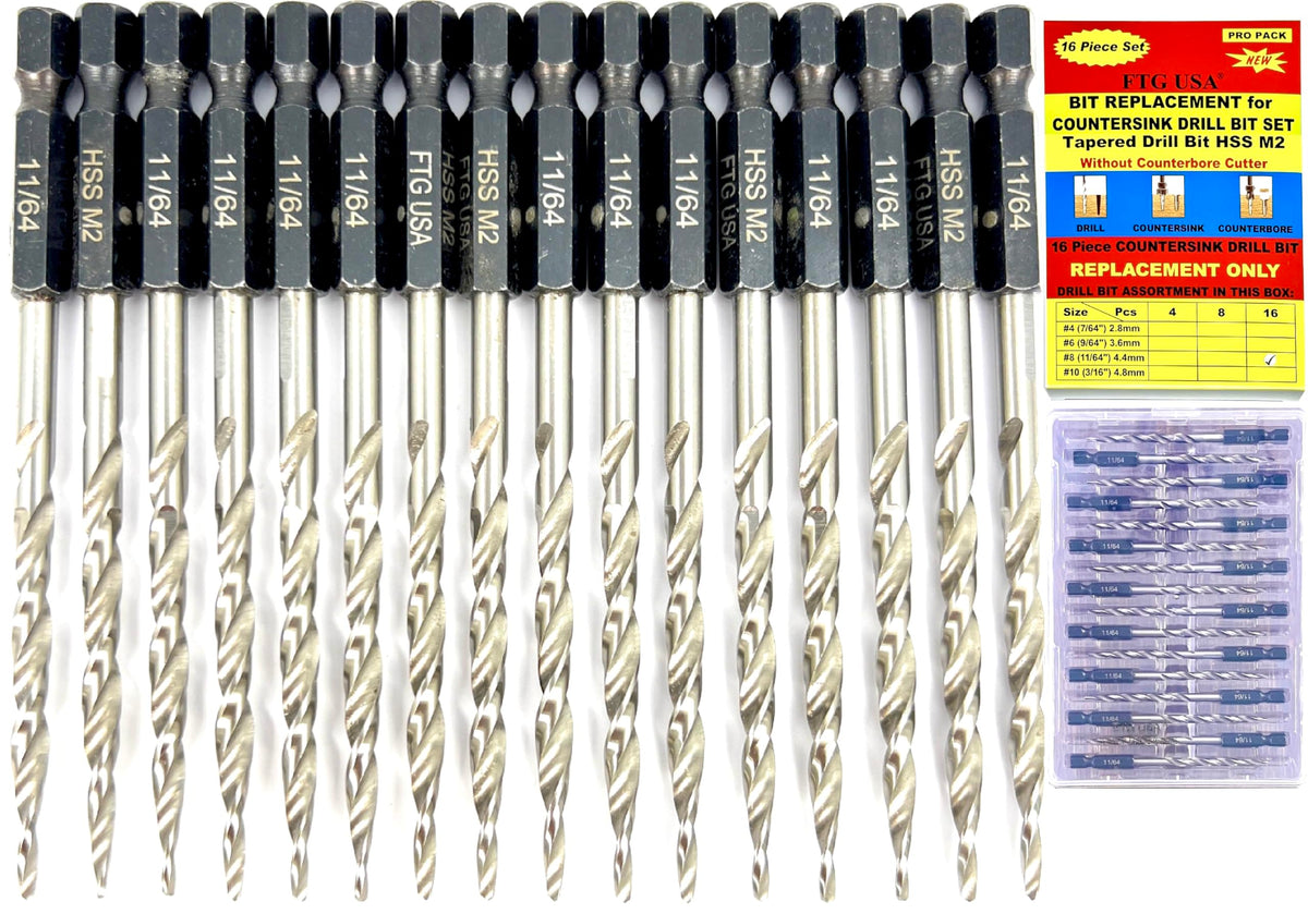 FTG USA 16pc #8(11/64") Replacement Tapered Countersink Drill Bit Hex Shank