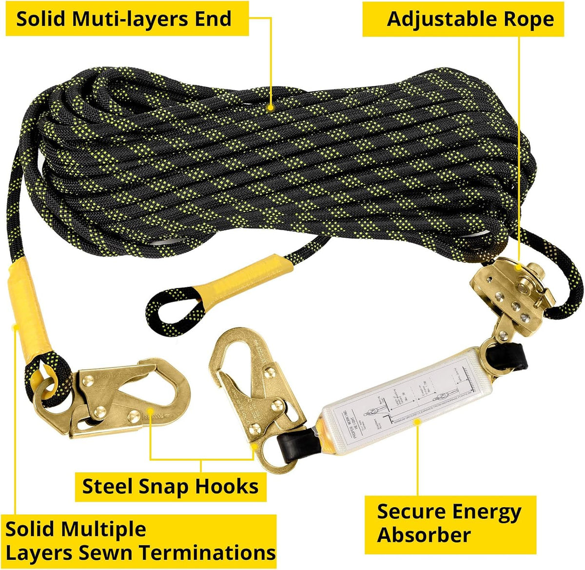 TRSMIMA Rope Harness Safety Lanyard：150ft Roofing Rope Fall Protection | Vertical Safety Harness Rope With Grab Snap